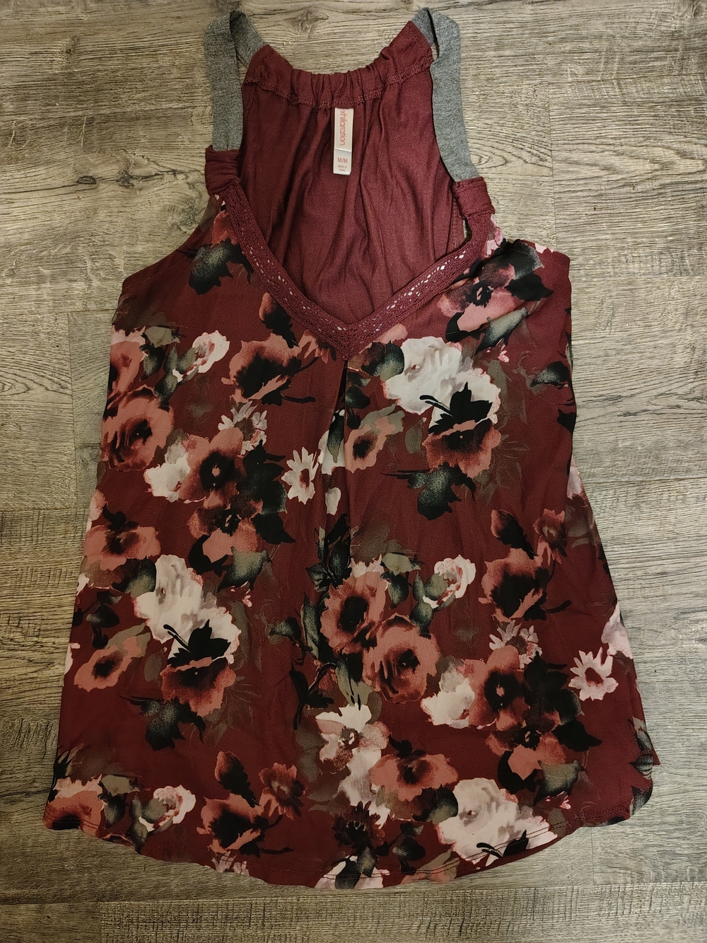 Xhilaration Burgundy Floral Racerback Tank with Gray Straps